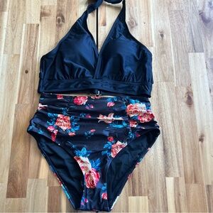 Tempt Me Floral High-Waisted Bikini Set Black Size L NWT